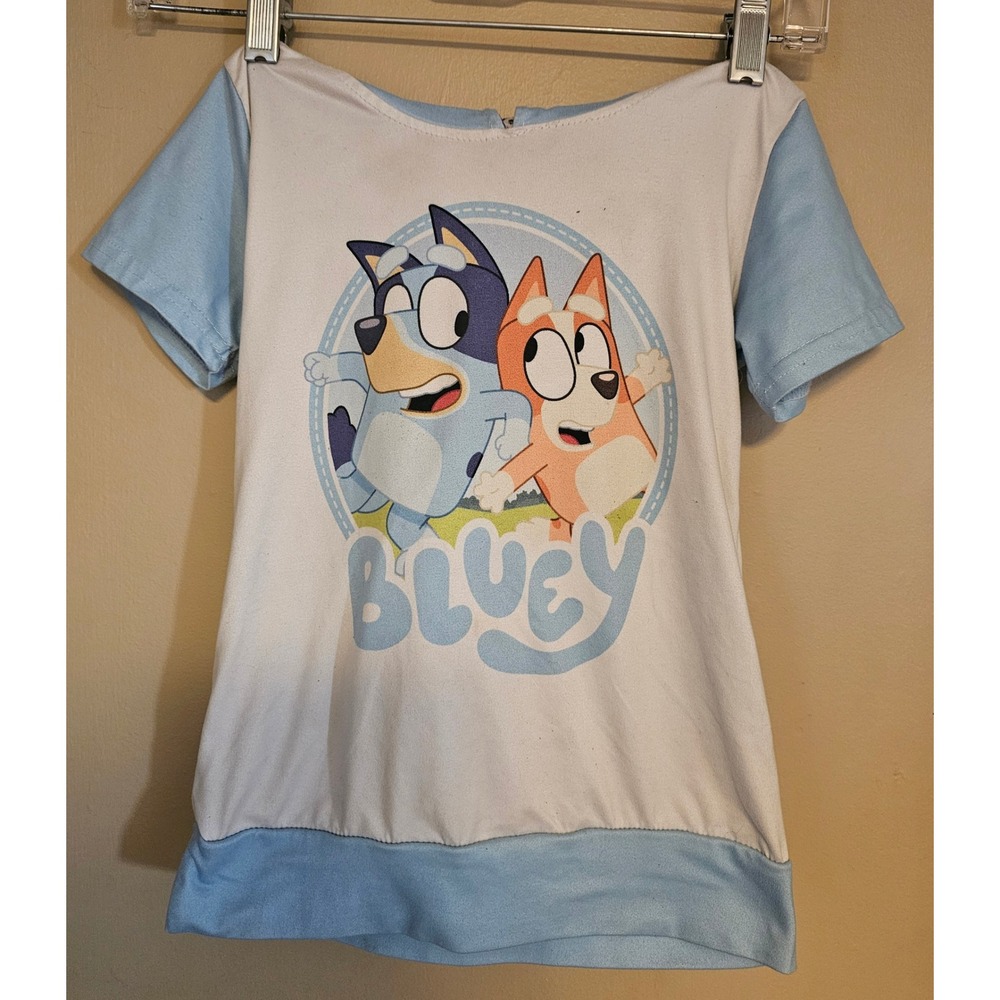 Bluey Hooded Tunic Top 3T White Blue Cartoon Dog Character Kids Girl